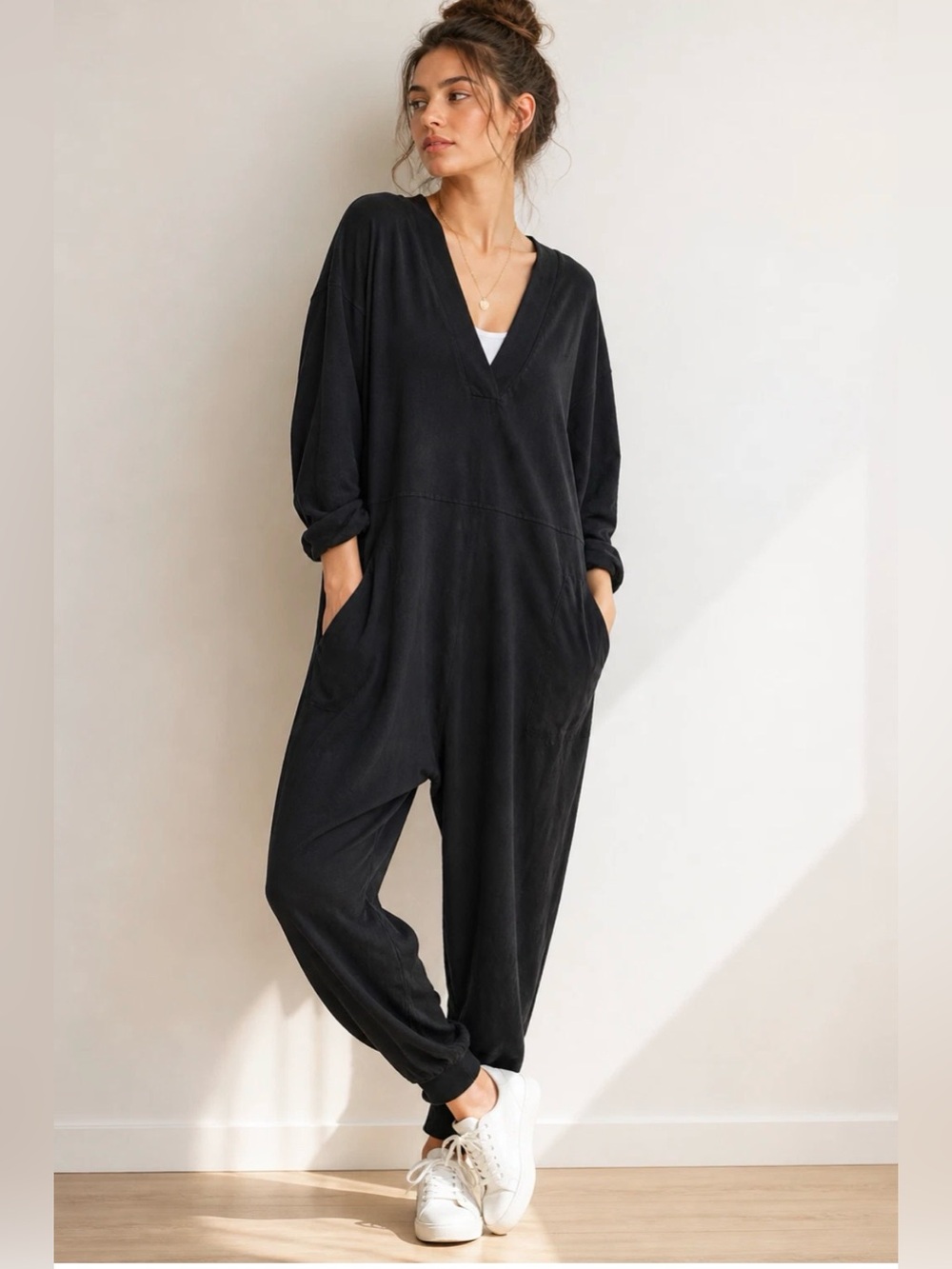 Natural Life Slouchy Johnnie Cotton Jumpsuit, Solid Black, Oversize Small